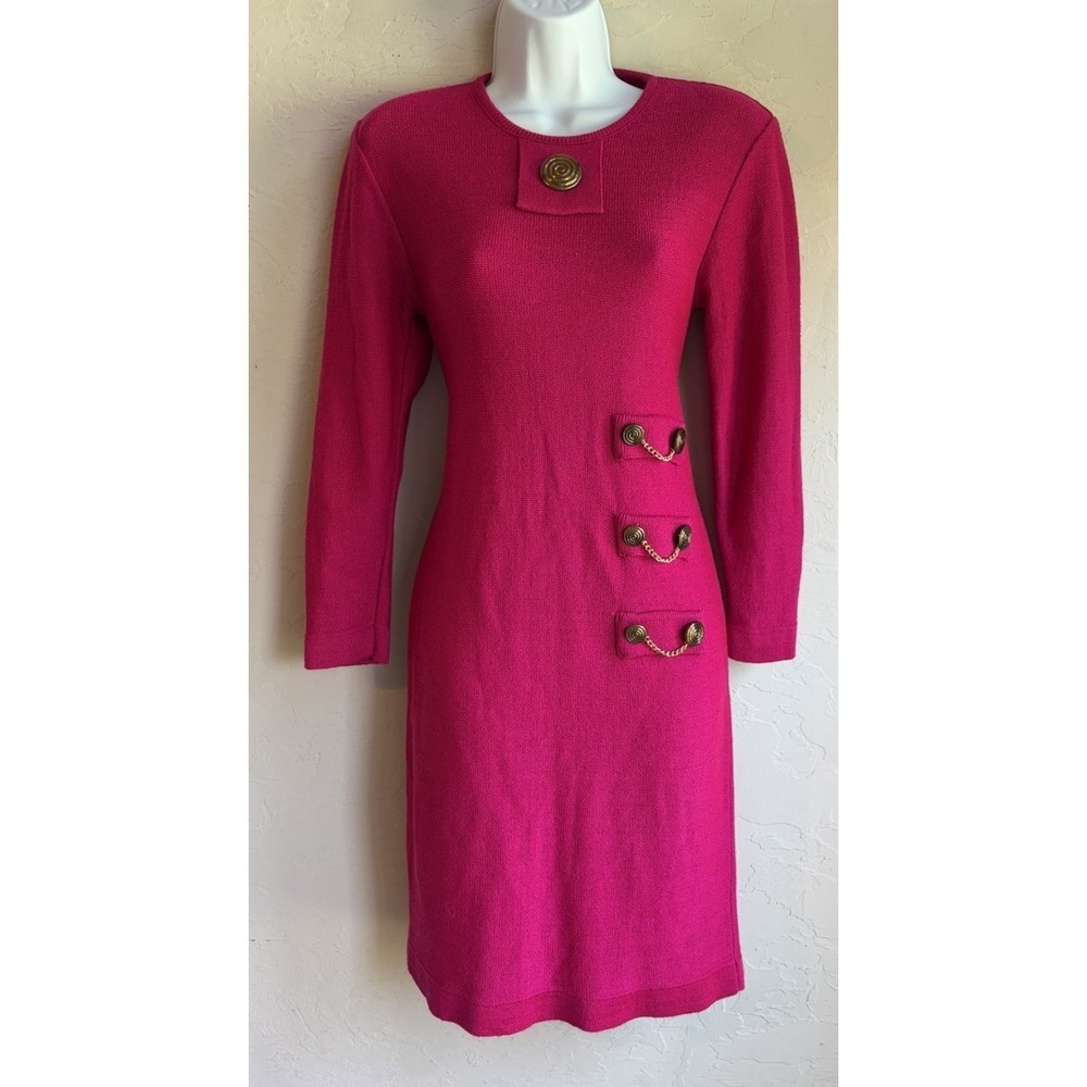 Vintage 80s Ami Knits Midi Sweater Dress 2 P Fuchsia Pink Chain Maximalist